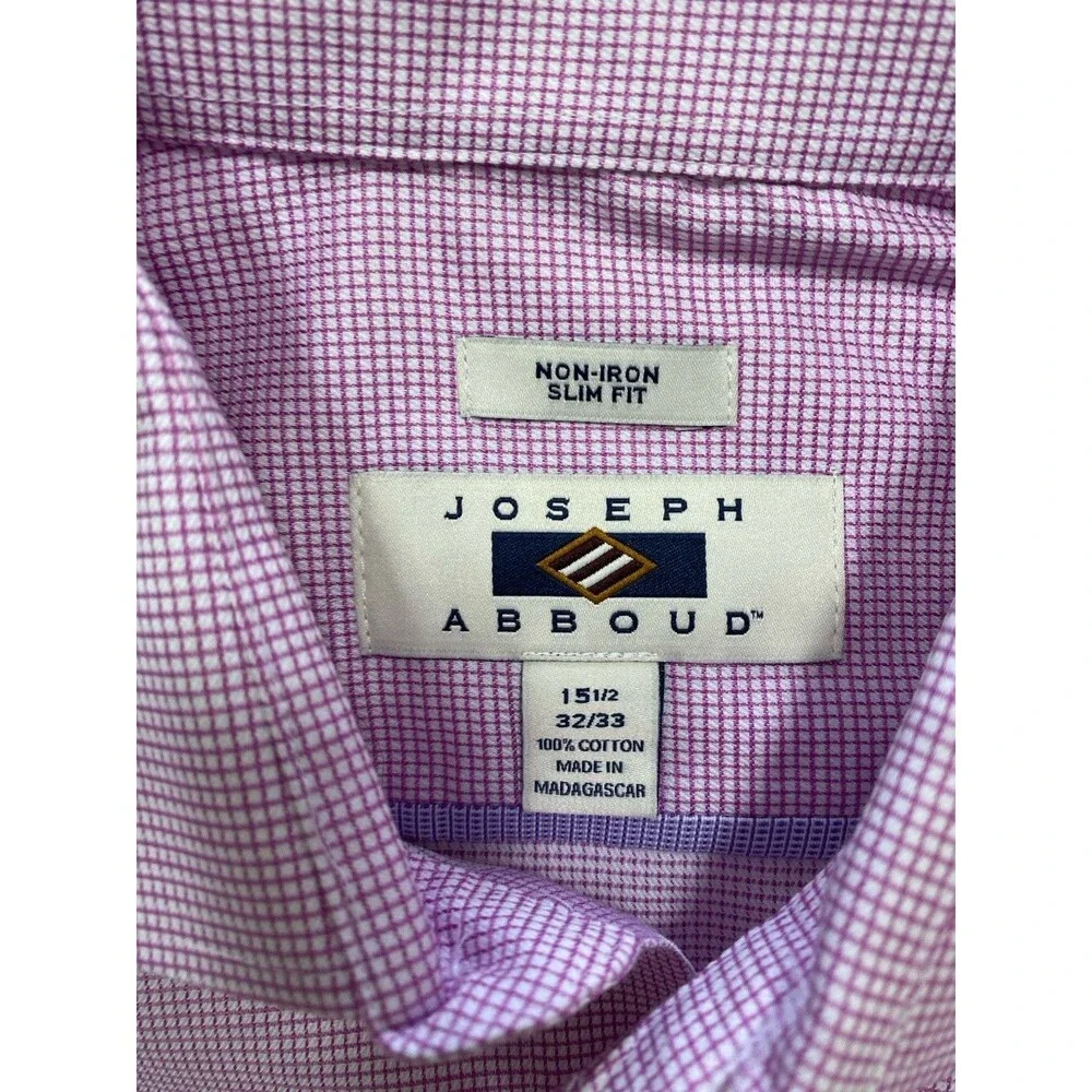 Joseph Abboud Dress Shirt Men’s 15.5 32/33 Slim Fit Non-Iron Purple Check Cotton